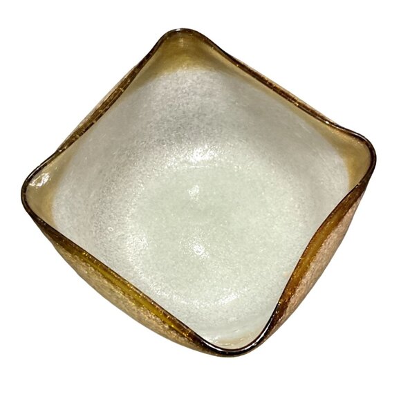 Vtg White and Amber Folded Bowl w/Bubbles Recycled Art Glass Trinket Bowl or Can - Picture 3 of 4